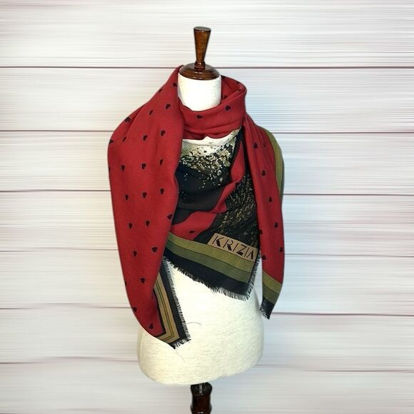 KRIZIA Italy Large Scarf Shawl Wool Silk Blend Red with Panda Print 52x52” - Picture 6 of 11